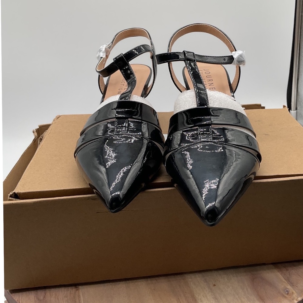 Journee Collection Jazlynn Black Patent Slingback Kitten Heel Pumps Womens 8.5